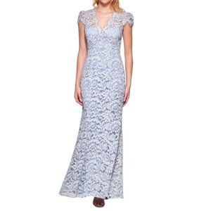 Eliza J Scalloped-Edge Sheath Lace Gown Light Blue 12